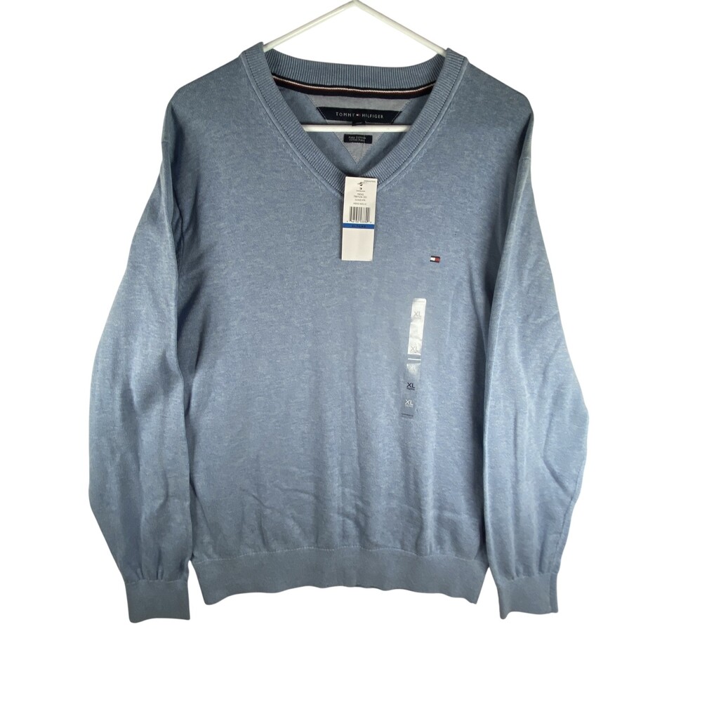 Tommy Hilfiger Sweater Mens XL Light Blue Pima Cotton V Neck Knit Pullover
